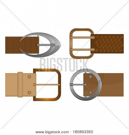 Belt buckles metal unisex clothing accessories worn on waistband. Vector illustration of metallic decorative objects of round, square and oval shape isolated on white background.
