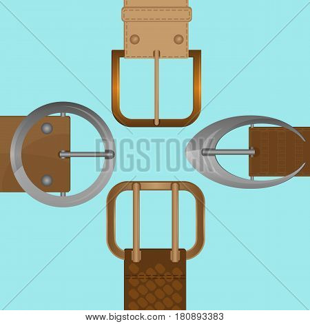 Belt buckles of round, square and oval shape isolated on blue background. Metal unisex clothing accessories worn on waistband, vector illustration of metal decorative objects