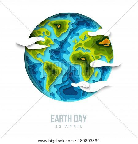 Earth planet with clouds, 3d paper cut design. Vector illustration. Happy Earth day concept, papercut shapes with shadow.
