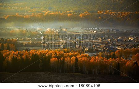Hemu village on Kanas Nature Reserve Autumn scene Xinjiang China .