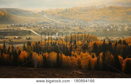 Hemu village on Kanas Nature Reserve Autumn scene Xinjiang China .