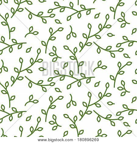Line style leaves seamless vector pattern on white background. Nature green leaf background.