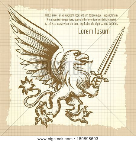 Vintag background with hand drawn heraldy gryphon with sword.Vector illustration