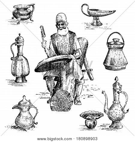 minter or coiner at work, old arabic man doing cooper engraving on vase or dish, plate hand drawn illustrtation. profession ancient .