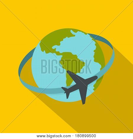 Travelling by plane around the world icon. Flat illustration of travelling by plane around the world vector icon for web