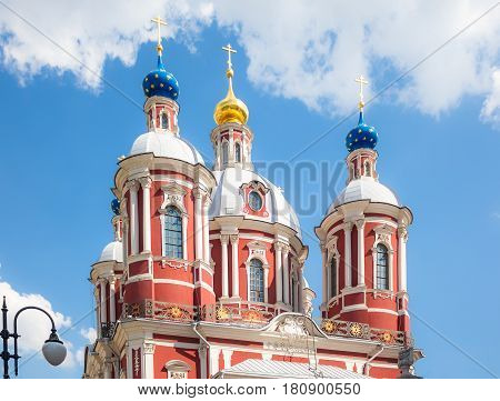 Close up view of the baroque church of Saint Clement of Rome in Moscow