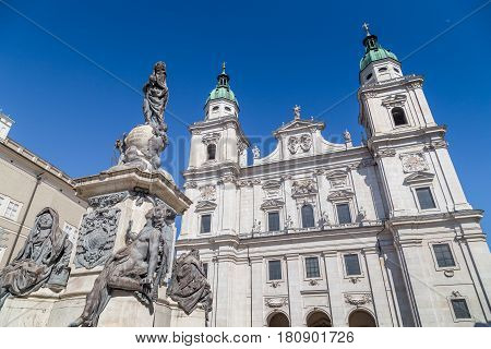 Salzburg Cathedral At Domplatz Town Square In Summer, Salzburg, Austria