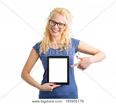 Person pointing at blank screen computer tablet