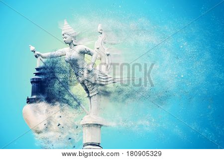 Sculture Of Woman And Bird Is A Lantern With Particle Fractal Noise Effect