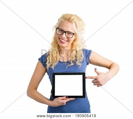Happy hipster pointing at blank screen computer with one hand