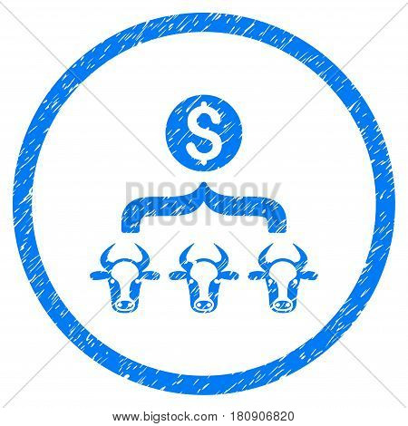 Cattle Result Money grainy textured icon inside circle for overlay watermark stamps. Flat symbol with dust texture. Circled vector blue rubber seal stamp with grunge design.