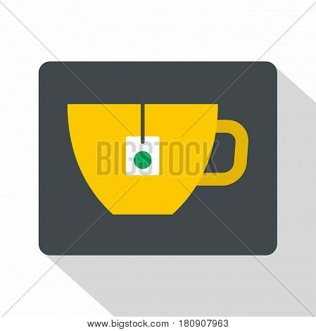 Yellow tea cup with teabag icon. Flat illustration of yellow tea cup with teabag vector icon for web