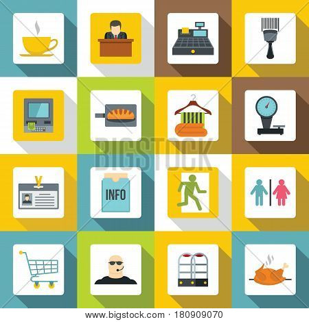 Supermarket navigation icons set. Flat illustration of 16 supermarket navigation vector icons for web