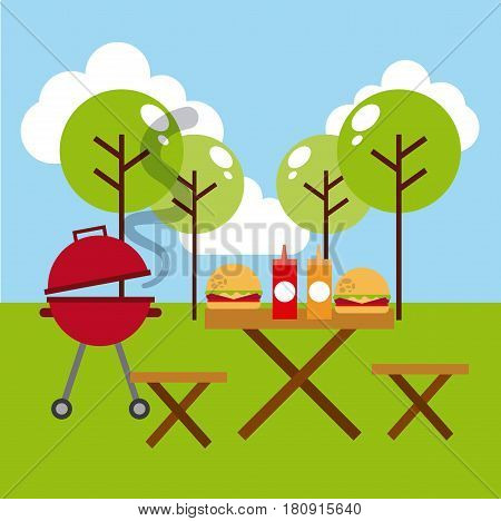 barbecue grill, picnic table with fast food. colorful design. vector illustration