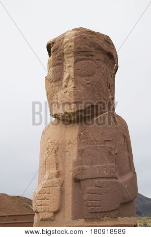 Mysterious Ancient Stone Monolith - Fraile Monolith in Tiwanaku Archaeological site, Bolivia, South America
