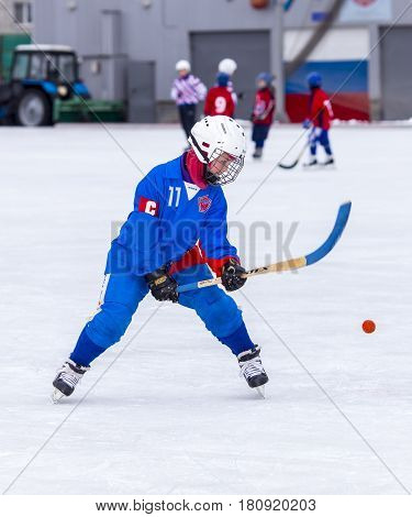 RUSSIA, OBUKHOVO- DECEMBER 26, 2015: 1-st stage of Children's hockey League bandy