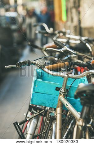 Variety of old bicycles parked in the street of Budapest Jewish quarter, Hungary