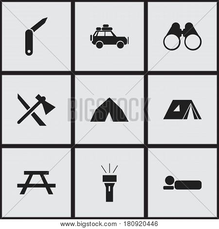 Set Of 9 Editable Camping Icons. Includes Symbols Such As Shelter, Voyage Car, Clasp-Knife And More. Can Be Used For Web, Mobile, UI And Infographic Design.