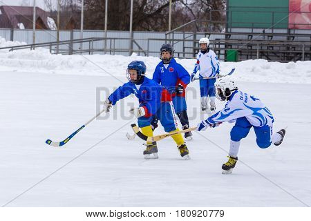 RUSSIA, OBUKHOVO- FEBRUARY 19, 2016: Third stage of Children's hockey League bandy