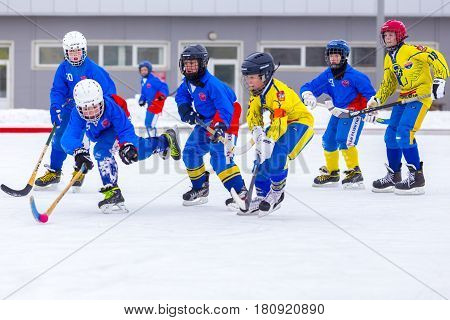 RUSSIA, OBUKHOVO- FEBRUARY 19, 2016: Third stage of Children's hockey League bandy