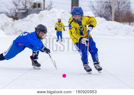 RUSSIA, OBUKHOVO- FEBRUARY 19, 2016: Third stage of Children's hockey League bandy