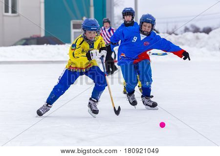 RUSSIA, OBUKHOVO- FEBRUARY 19, 2016: Third stage of Children's hockey League bandy