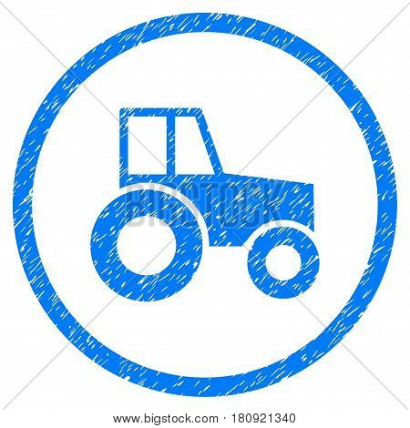 Wheeled Tractor grainy textured icon inside circle for overlay watermark stamps. Flat symbol with dirty texture. Circled vector blue rubber seal stamp with grunge design.