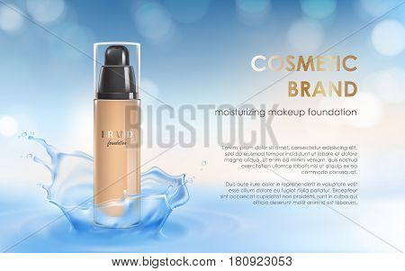 Vector 3D cosmetic illustration for the promotion of moisturizing foundation premium product. Colorstay make-up in glass bottle on a light blue background with a water splash