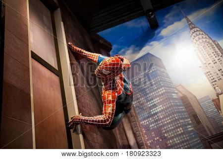 Amsterdam, Netherlands - March, 2017: Spiderman Marvel comics in Madame Tussauds Wax museum in Amsterdam, Netherlands