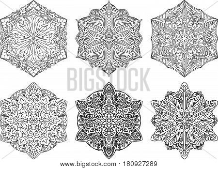 Set Of 6 Abstract Vector Black Lace Designs In Mono Line Style - Septangular Mandalas, Ethnic Decora