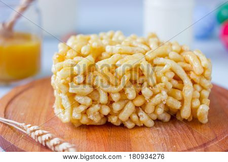 Sweet Asian Cake Chak-chak With Honey On Wooden Board.