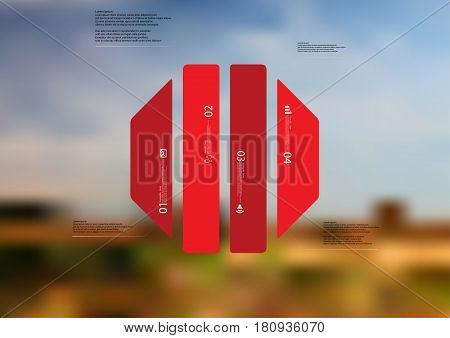 Illustration infographic template with motif of octagon vertically divided to four standalone red sections. Blurred photo with natural motif landscape with cloudy sky is used as background.