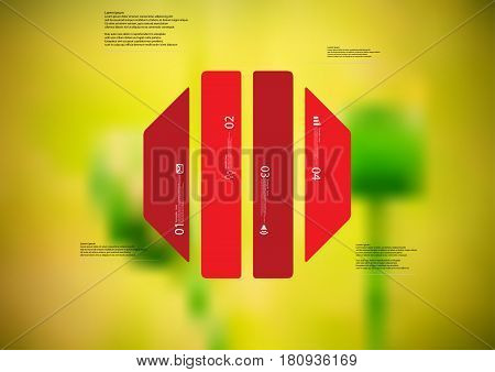 Illustration infographic template with motif of octagon vertically divided to four standalone red sections. Blurred photo with natural motif of green poppy plants is used as background.