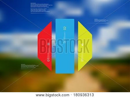 Illustration infographic template with motif of octagon vertically divided to three standalone color sections. Blurred photo with natural motif landscape with cloudy sky is used as background.