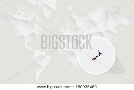 New Zealand Map With Flag In Contour On White Polygonal World Map.