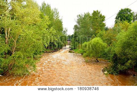 Strelka River at summer in Strelna on the outskirts of St. Petersburg at cloud summer day.