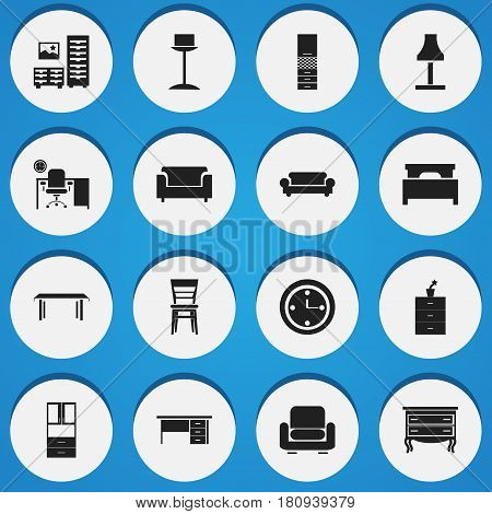 Set Of 16 Editable Furnishings Icons. Includes Symbols Such As Commode, Couch, Trestle And More. Can Be Used For Web, Mobile, UI And Infographic Design.