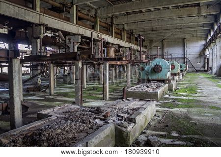 Interior of machinery of abandoned factory of synthetic rubber