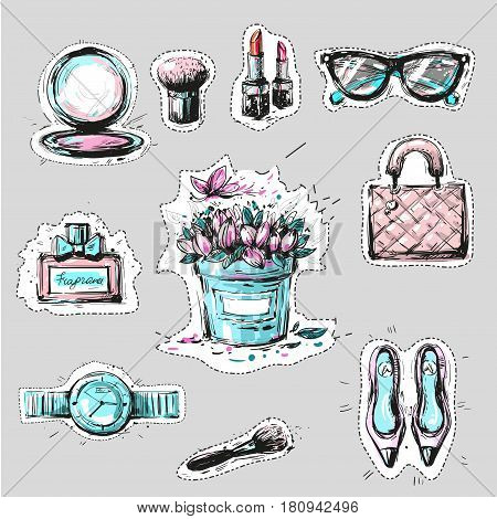 Set of stylish patches elements. clutch, makeup brush, handbag, lipstick, wrist watch, perfume, shopping is my cardio lettering, takeaway beverage. Vector hand drawn fashion sticker, badge or pin kit.