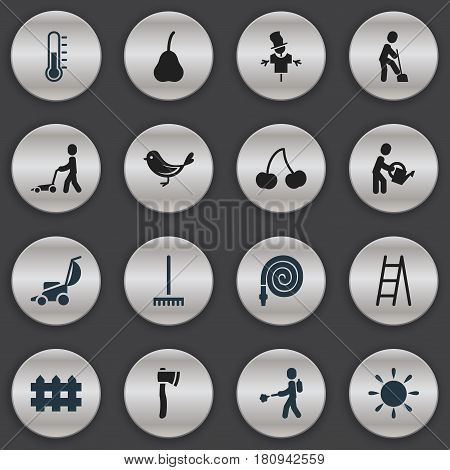 Set Of 16 Editable Garden Icons. Includes Symbols Such As Tomahawk, Bugaboo, Ground Shoveling And More. Can Be Used For Web, Mobile, UI And Infographic Design.
