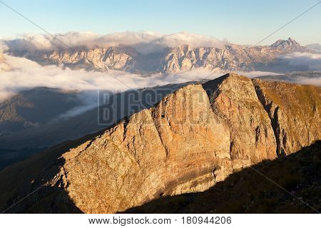 Morning view from Col di Lana to Gruppo Puez South Tirol dolomites mountains Italy
