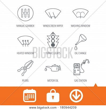 Motor oil change, traffic lights and pliers icons. Gas station, heated window and manual gearbox linear signs. Washing window icons. Download arrow, locker and calendar web icons. Vector