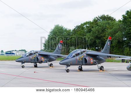 LEEUWARDEN NETHERLANDS - JUNE 10 2016: parked dassault-dornier alpha jet fighter at the dutch air force open days