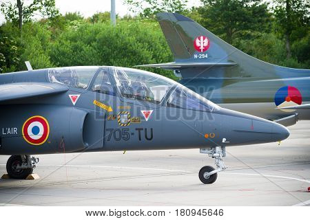 LEEUWARDEN NETHERLANDS - JUNE 10 2016: parked dassault-dornier alpha jet fighter at the dutch air force open days