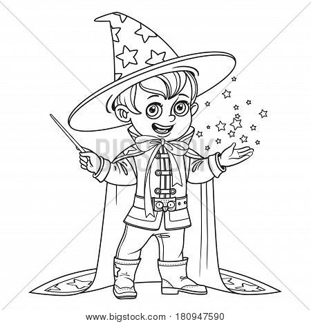 Cute little boy dressed as a Wizard with magic wand outlined isolated on white background