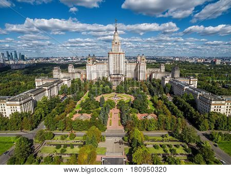 MOSCOW - SEPTEMBER 1, 2016: Aerial view of Lomonosov Moscow State University (MSU) on Sparrow Hills, Moscow.