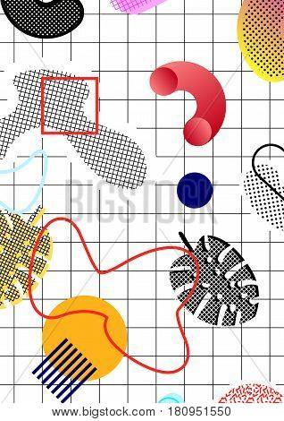 Background in the style of the memphis, A4 size, 80's, leaves, circles, squares, lines, mesh, cell
