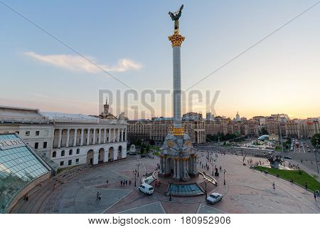 Kiev Ukraine - June 19 2016: Panoramic view of the evening Independence Square