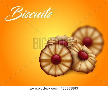 Buttery cookies with red jam on bright orange and yellow background