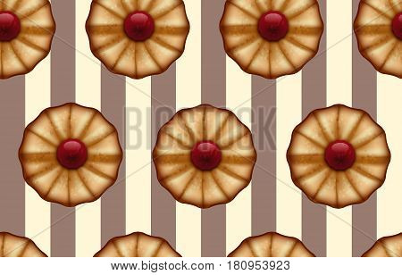 Buttery cookies with red jam on striped brown and beige like a cocoa and vanilla color seamless background.
